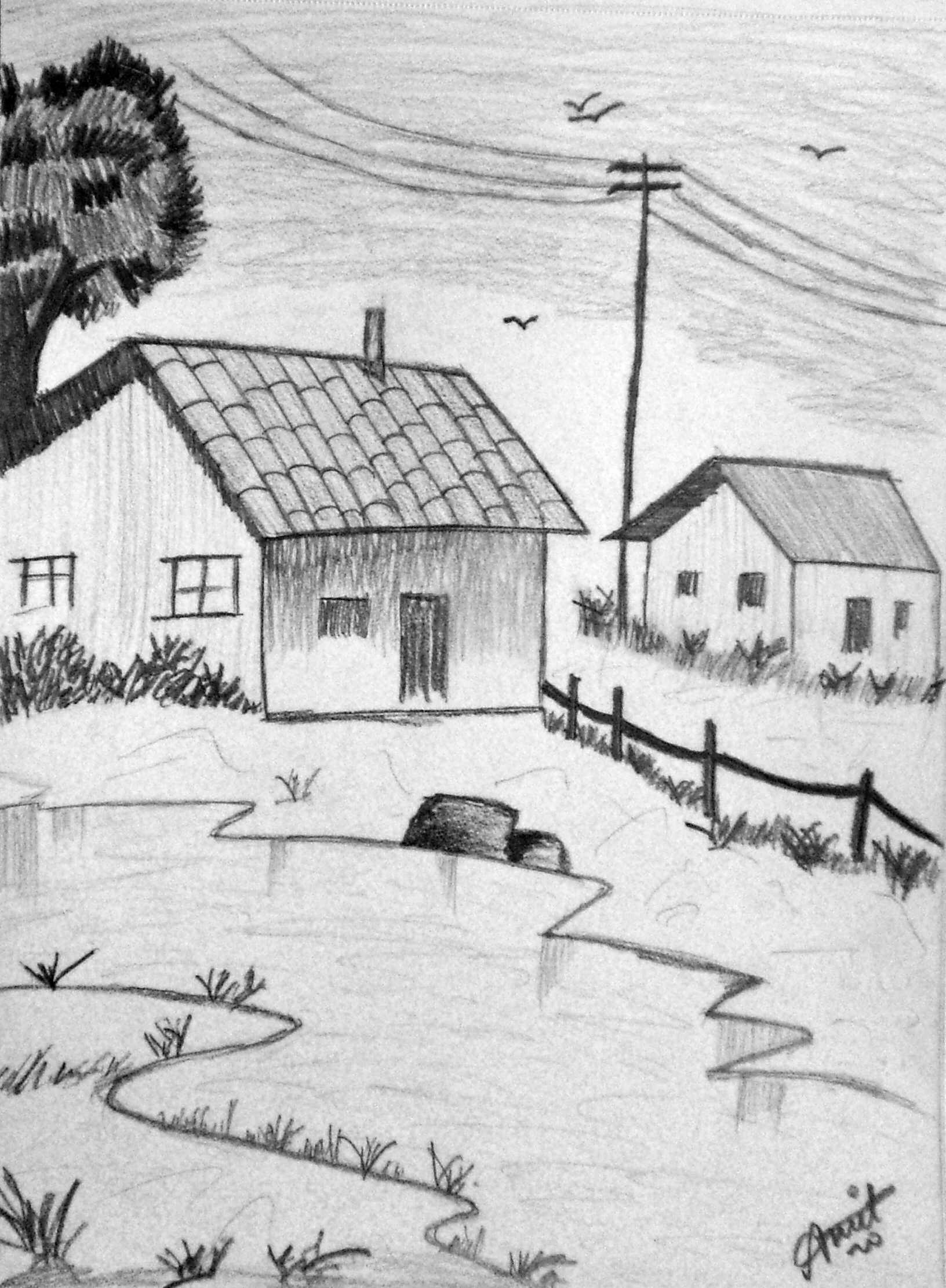 How to Draw a simple Landscape - Easy Pencil Drawing - YouTube